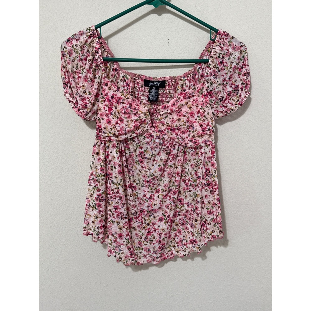 Just Polly Floral Mesh Top Womens XS Pink Puff Sleeve Smocked Sweetheart Blouse